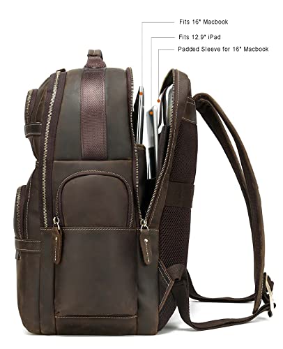 Taertii Vintage Full Grain Genuine Leather Backpack For Men - Fits 16" Laptop, Travel, Hiking, Business, Work, Rucksack Daypack 32L - Brown #TOP3