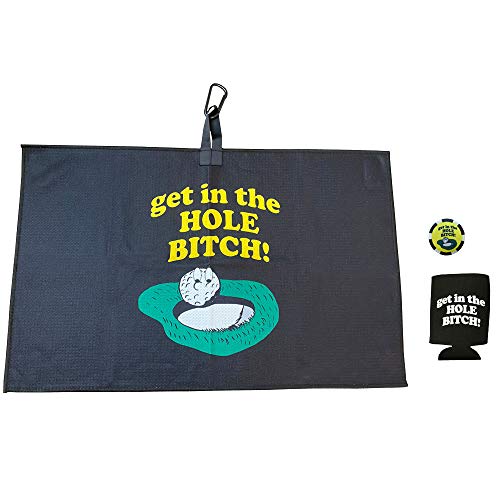 Giggle Golf Get in The Hole Bitch Golf Waffle Towel & Poker Chip with A Get in The Hole Bitch Can Cooler