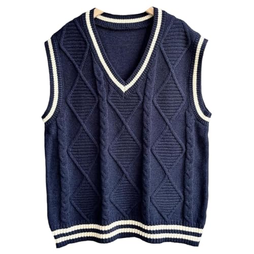Image of Blostirno Women's V Neck Sweaters Vest Trendy Cable Ribbed Sleeveless Knit Striped Pullover Sweaters Tops