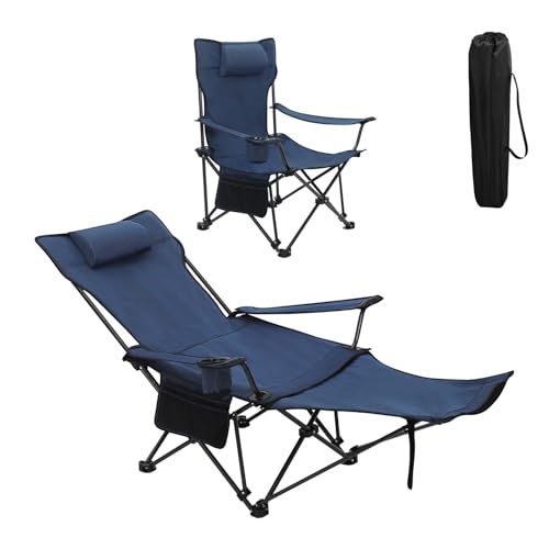 WOLTU Silla Camping Plegable, Tumbona Camping Portátil con Portavasos, Reposacabezas y Bolsa Lateral, Marco de Acero, Carga Máxima 150 kg, para Picnic, Playa, Jardín, Pesca, Azul