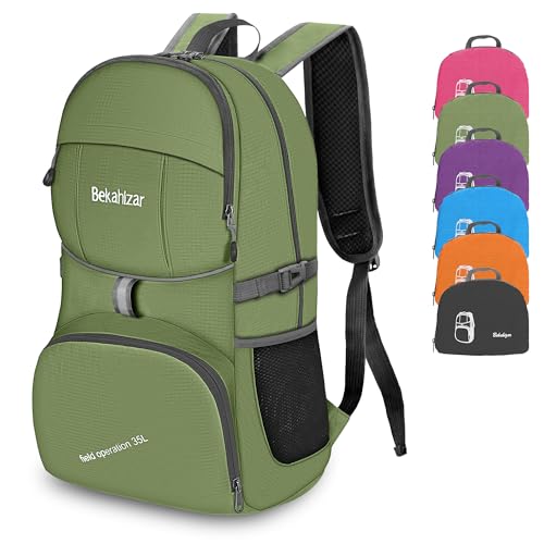 Bekahizar Lightweight Foldable Backpack 35L Hiking Rucksack Daypack Packable Travel Day Bag for Men Women Teens Outdoor Sports Walking Camping Travelling Cycling (Green)