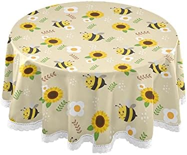 Cute Spring Bee Round Tablecloth 60 Inch Washable Polyester Lace Trim,Yellow Sunflower Kitchen Circle Table Cloth Cover Mat for Party Dinning Tabletop Wedding Home Decor