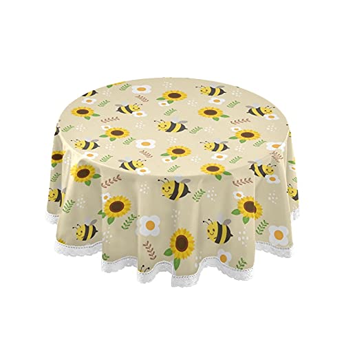 Cute Spring Bee Round Tablecloth 60 Inch Washable Polyester Lace Trim,Yellow Sunflower Kitchen Circle Table Cloth Cover Mat For Party Dinning Tabletop Wedding Home Decor #TOP4