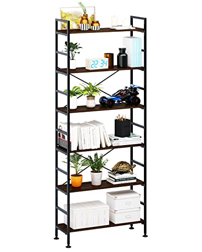 Cosystar 6-Tier Adjustable Tall Bookcase, Rustic Wood And Metal Standing Bookshelf, Industrial Vintage Book Shelf Unit, Open Back Modern Office Bookcases, Dark Brown #TOP14