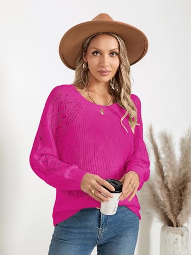 Image of Libsorge Womens Cute Crochet Knit Hollow Out Sweater Fall 2024 Lightweight Ribbed Crewneck Long Sleeve Pullover Top