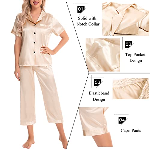 Swomog Women Satin Pajama Set Short Sleeve Sleepwear Capri Silk Pjs Set 2 Piece Loungewear Button Down Nightwear With Pockets Champagne #TOP2