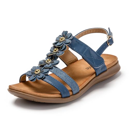 JOMIX Sandalias Mujer Verano con Flores Sandalias Planas Mujer Sandalias Mujer Comodas con Hebilla Playa Piscina Mar Estilo Elegante, Azul, 40 EU