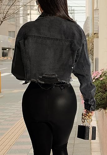 YouSexy Cropped Denim Jackets for Women Long Sleeve Destroyed Wash Jean Jackets3