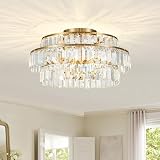 Liilokte Crystal Flush Mount Chandelier Gold,Modern Hanging Crystal Flush Mount...