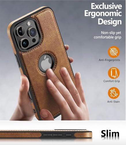Image of amazon basics Genuine Leather Finish iPhone 16 Pro Back Cover Case | Raised Edges for Camera & Screen Protection | Back Case Cover for iPhone 16 Pro (Brown)
