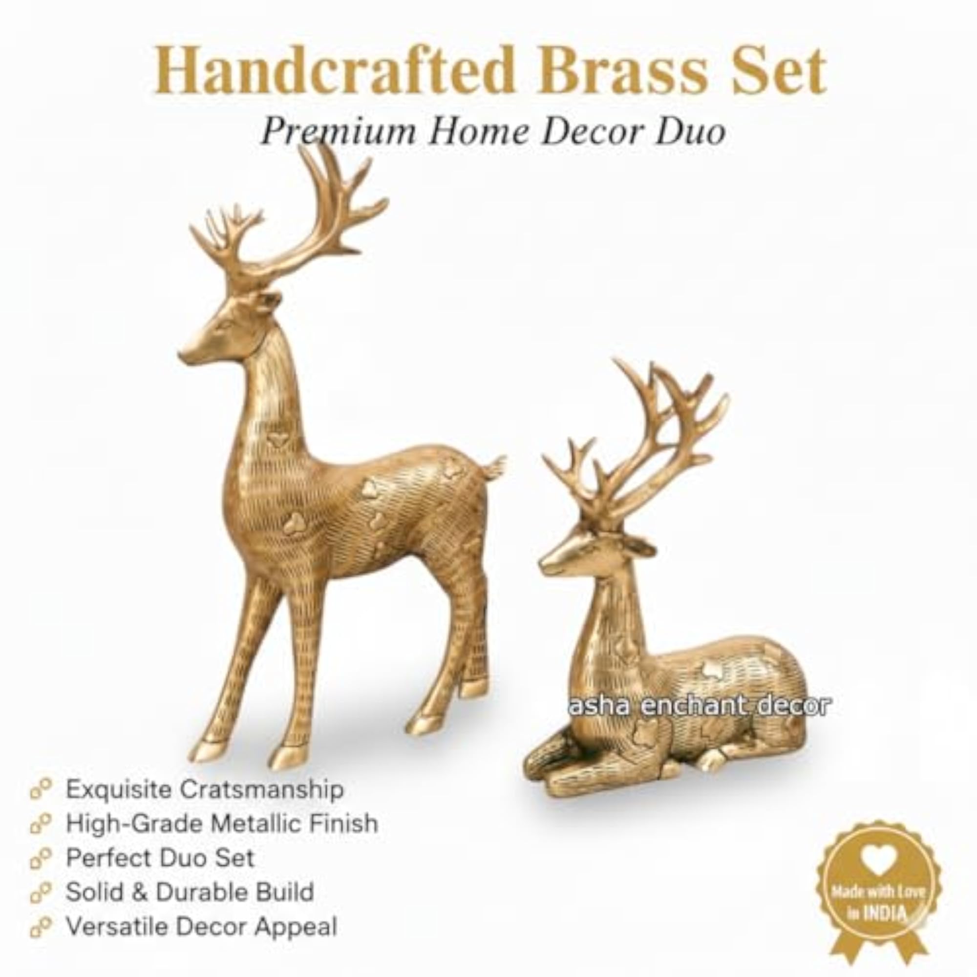 Handcrafted Brass Deer Figurine Set, 2 Piece