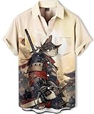 DADDYLOCO Samurai Cat Button Down Shirt, Short Sleeve, Asian Art Design, Regular Fit, Cream White