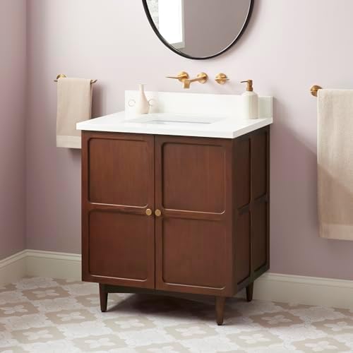 Signature Hardware 953980-30-RUMB-0 Delavan 30" Freestanding Mahogany Single Basin Vanity Set with Cabinet, Vanity Top, and Rectangular Undermount Sink - No Faucet Holes - Cold Brew/Arctic White