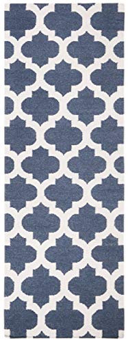Safavieh Contemporary Indoor Flatweave Runner Area Rug, Dhurrie Collection, DHU623, in Blue / Ivory - Image 3