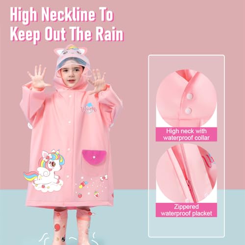 Image of SNOWIE SOFT Hooded Raincoat for Kids Wide Brim Raincoat for Kids 3-8 Years EVA Student Kids Rain Coat for Girls with School Bag Rain Cover Unicorn Print Recommended Height 80-125CM