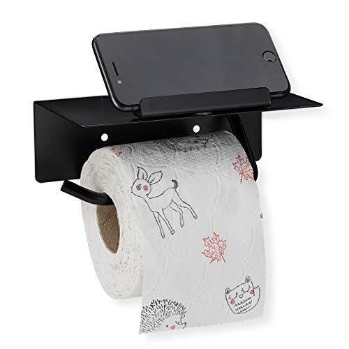 Relaxdays Toilettenpapierhalter mit Ablage & Handyhalter, Wandmontage mit & ohne Bohren, 430er Edelstahl, schwarz matt