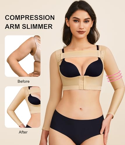 BRABIC Upper Arm Shaper Post Surgical Slimmer Compression Sleeves Posture Corrector Tops Shapewear for Women (Beige Long Sleeve, Small)