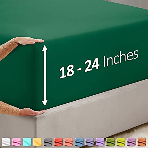 Image of Hearth & Harbor Extra Deep Pocket Queen Fitted Sheet - Fits 18 to 24 Inch Mattress - Ultra Soft 1800 Microfiber, Wrinkle-Free & Breathable - Hotel Luxury Fitted Sheet Only, Dark Green