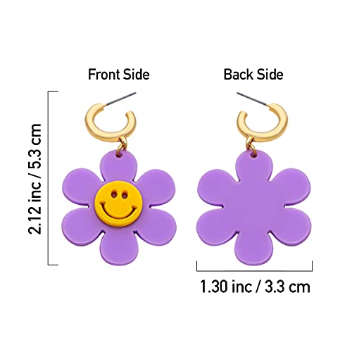 Kathay A Huggie Hoop Dangling Flower Smiley Face Earrings Cute Round Smiley Face Earrings Dangle Base Metal Hoop Earrings Acrylic Flower Drop Earrings Set For Women Girls Adorable Jewelry Set (Pink) #TOP4