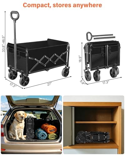 Image of Collapsible Wagon, Wagons Carts Foldable, Foldable Wagon Cart with Wheels, Folding Wagons for Beach Camp Sports Garden, 2 Cup Holders /Lightweight Portable /Black /360 LBS
