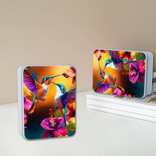 Image of Metal Tin Box with Lid for Game Cards Home Organizer Candles Keys Crafts Storage - Equipped with 4 Magnetic Cord Clips,Hummingbirds and flowers