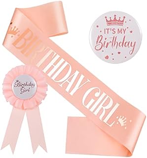Dacitiery Birthday Girl Badge Set, Pink Birthday Girls Sash and Birthday Girl Award Ribbon Badge and It's My Birthday Button Metal Rose Pin, Birthday Girl Decorations Set for Girls Party Supplies