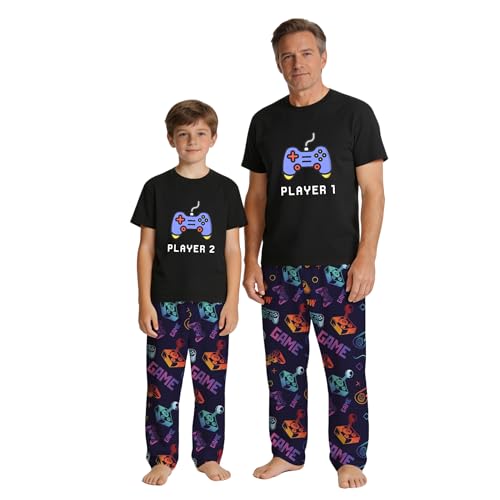 MI X TEE Daddy and Me Outfits, Gamer Style Dad and Me Shirts and Pants, Father Son Short Sleeve Shirt Set
