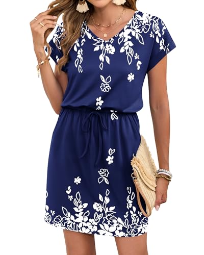 Image of AUSELILY Womens Summer Mini Dress, Short Sleeve V Neck Drawstring Casual | Tshirt dress with drawstring waist and pockets. Ideal sundress for daily outing, beach and vacation