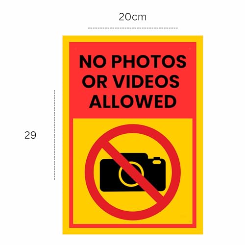 Image of No Photos Or Videos Allowed Sign Sticker Board 29 x 20 CM | Peel & Stick or Screw Fix | Pre-Drilled Holes | Pack of 1 (No Photos Or Videos Allowed, A4 - Medium - 1 Piece)
