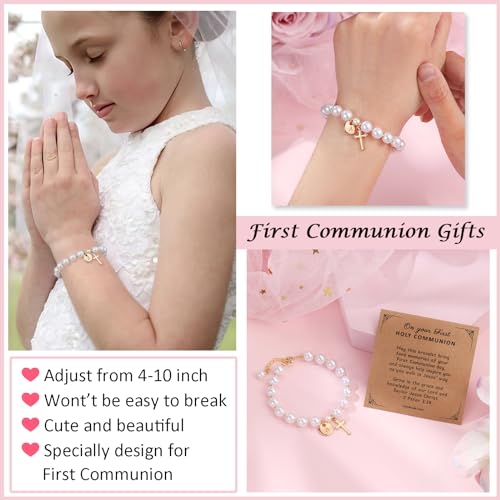 Initial First Holy Communion Confirmation Baptism Bracelets Gifts for Women Girls, Catholic First 1st Communion 14K Gold Pearl Cross Charm Bracelet Personalized A-Z for Goddaughter Niece2