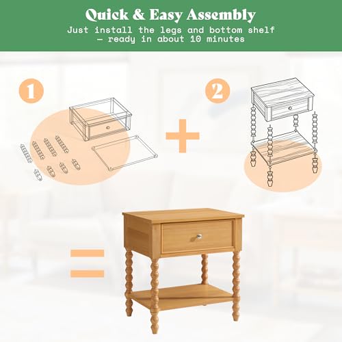 Image of AMERLIFE 24 inch Wood Nightstand, Vintage Bedside Table for Bedroom, Solid Wood Night Stand with Turned Legs, End Table with Drawer & Open Shelf, Large /Tall Nightstand, Natural Finish
