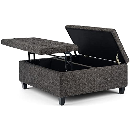 Simplihome Harrison 36 Inch Wide Square Coffee Table Lift Top Storage Ottoman, Cocktail Footrest Stool In Upholstered Ebony Tufted Tweed Fabric For The Living Room, Traditional #TOP2