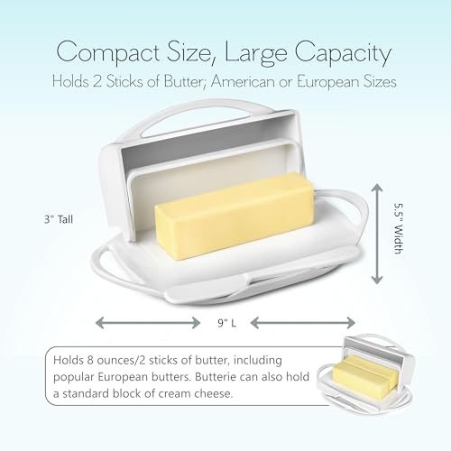 Image of Butterie Flip-Top Butter Dish with Lid & Matching Knife, Holds 2 Sticks /European Butter, No-Mess Butter Holder, Shatterproof, Dishwasher Safe, White (White)