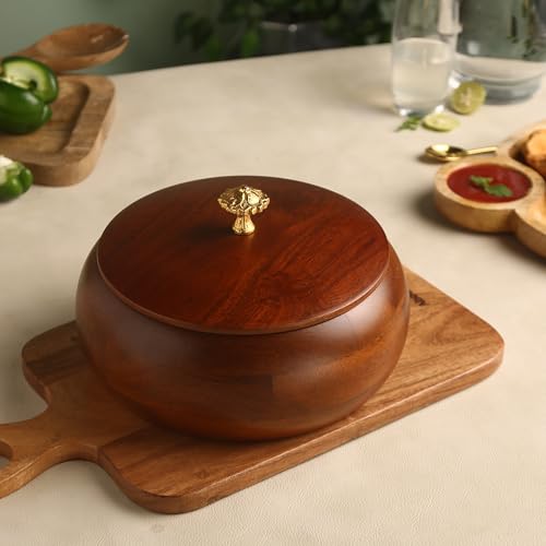 Image of Handcrafted Premium Wooden Roti Casserole - 9 x 9 x 4 Inches | Hot Roti Case & Chapati Box For Kitchen & Dining | Chapati Serving Hotbox Serveware With Gold Embossed Knob