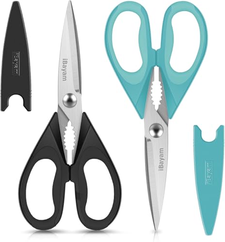 Image of Small Kitchen Scissors 8-inch, iBayam 2 Pack Kitchen Shears All Purpose Meat Scissors Poultry Shears, Dishwasher Safe Food Cooking Scissors Heavy Duty Stainless Steel Utility (Black, Aqua Sky)