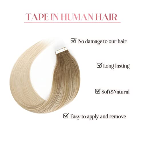 Image of Sixstarhair Balayage Hair Extensions Tape In With Double Sided Tapes Remy Human Hair Tape In Hair Extensions Balayage Ash Brown Fading to Ash Blonde [B8-60 22inch]