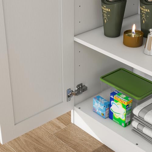 Wooden Storage Cabinet, Collection Food Pantry Narrow Cabinet Free Standing with 2 Doors and 3 Shelves Tool Cabinet, for Kitchens, Living Room, Utility Rooms (White) by Panana - Used condition - Image 5