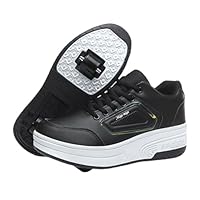 Surwin Roller Skates Shoes Kids, Roller Shoes Roller Skate Shoes Adult Girl Boy, 2 Wheels Lace Up Trainer Roller Skates with Retractable Rear Wheels, Outdoor Running Sneakers Black
