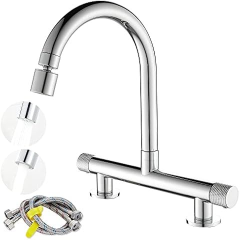 Maynosi Bridge Kitchen Sink Mixer Taps, 2 Hole Kitchen Bridge Faucet with Muti-Function Aerator, 360° Swivel Spout, 180 mm Centers Deck Mounted, Include UK Standard Pipes, Brass, Chrome (Model B) Cover