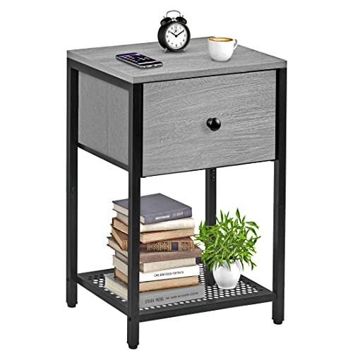 Yemuny Nightstand For Bedroom, Night Stand With Enlarged 21L Drawer, Bedside Table Steel Shelf, End Table Wooden Top Fabric Storage, Side Table For Living Room, Easy Assembly (Oak Grey) #TOP7