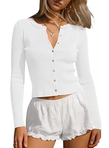 Darong Womens Button Down Long Sleeve Ribbed Shirts Cute Lighweight Fitted Y2K Fall Tops 9236 White XS