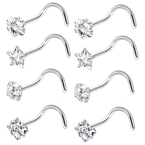 MR BAEQ 8 Pièces Clous de Nez Spirale, 4 Différents Styles Nez Stud Piercing Acier Chirurgical pour Femme, Vis Spirale Anneau Accessoire au Quotidien, Argent