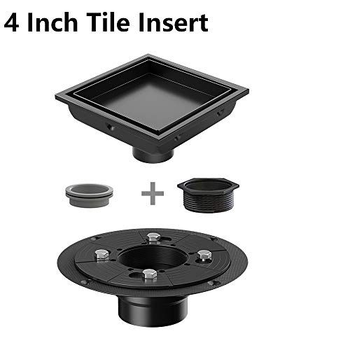 USHOWER Square Shower Drain 4 Inch, Tile-insert Matte Black Stainless Steel Square Drain