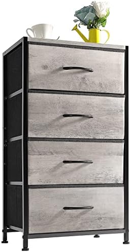 WELLJOYDIRECT Fabric Storage Drawer, Chest of Drawer Storage Tower, Tall Dresser for Bedroom,Hall, Entryway, Fabric Organizer Unit with Sturdy Steel Frame,Wood Top,4 Fabric Bins,Easy Pull Handle Gray