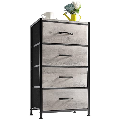Welljoydirect Fabric Storage Drawer, Chest Of Drawer Storage Tower, Tall Dresser For Bedroom,Hall, Entryway, Fabric Organizer Unit With Sturdy Steel Frame,Wood Top,4 Fabric Bins,Easy Pull Handle Gray #TOP1