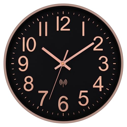 Foxtop Reloj de pared inalámbrico, silencioso, analógico, sin tictac, 30 cm, fácil de leer, para cocina, salón, dormitorio, baño, oficina en casa, color negro y rosa