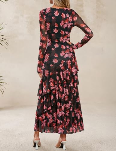 ZESICA Women's Long Sleeve Floral Bodycon Dresses 2025 Fall Fashion Mesh Ruffle Mermaid Wedding Guest Party Maxi Dress4