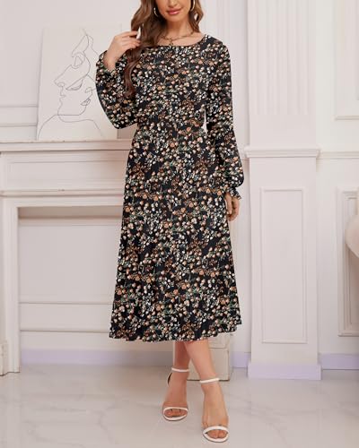 Image of CYiNu Women's Midi Dresses Long Sleeve Crew Neck Flowy Casual Floral Boho Tiered Chiffon Smocked Elegant Dress
