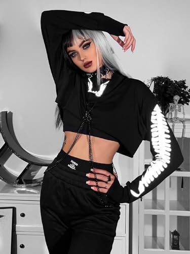 TSMNZMU Womens Gothic Cropped Hoodie Long Sleeve Punk Grunge Skull Print Sweatshirt Emo Alt Mall Goth Tops with Iron Chain4