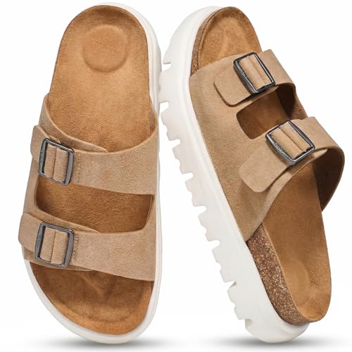 Image of ZURIN Genuine Leather Sandals for Women,Cork Footbed Slide Platform Sandals with Arch Support, Suede Double Buckle Slip On Slides for Summer Beach Walking Indoor Outdoor